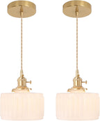 Pendant Light 2 Pack with White Striped Glass Lmapshade, Brass Vintage Pendant Light Adjustable Hanging Light for Kitchen Island Dining Room Hallway