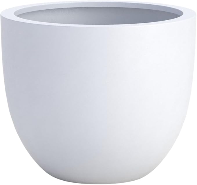 DTY Signature Mount Belford Lightweight and Durable Modern Fiberstone Egg Shaped Planter for Indoor/Outdoor Drainage Hole & Rubber Plug Weather Resistant 12" H x 15" Dia, 12.8" Opening - Medium, White