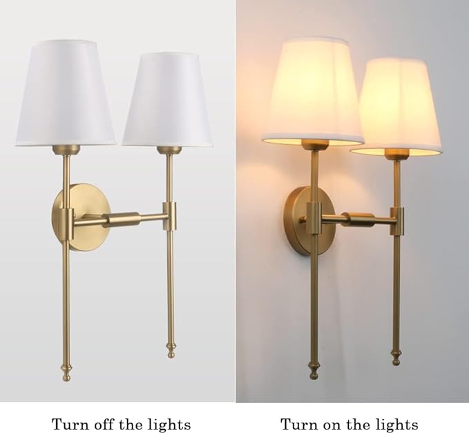 PERMO Classic Rustic Double Sconce Large 2-Lights Wall Sconce with Flared White Textile Lamp Shade and Antique Brass Finished Long Arm, Wall Sconce Light Fixture for Living Room Bathroom Bedroom