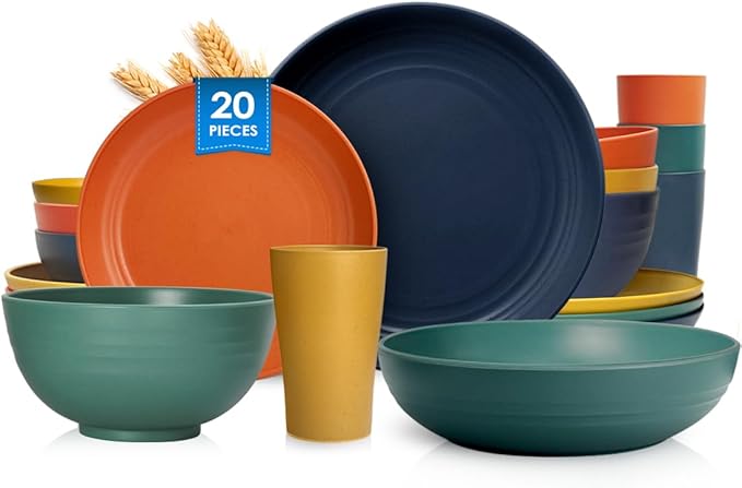 Teivio 20-Piece Kitchen Plastic Wheat Straw Dinnerware Set, Service for 4, Dinner Plates, Dessert Plate, Cereal Bowls, Pasta Bowls, Cups,Unbreakable Colorful Outdoor Camping Dishes, Autumn Multicolor