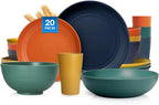 Teivio 20-Piece Kitchen Plastic Wheat Straw Dinnerware Set, Service for 4, Dinner Plates, Dessert Plate, Cereal Bowls, Pasta Bowls, Cups,Unbreakable Colorful Outdoor Camping Dishes, Autumn Multicolor