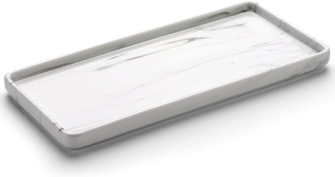 Gurygo 10" Bathroom Tray for Counter, Ceramic Vanity Trays for Bathroom, Small Rectangle Ceramic Trays, Kitchen Soap Ceramic Tray for Kitchen Counter, (Marble White, Set/1)