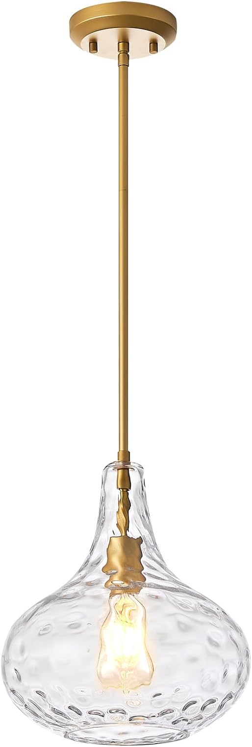 11" Clear Glass Pendant Light – Large Hand-Blown Glass Shade with Hammered Texture and Gold Finish, Adjustable Ceiling Hanging Light for Kitchen Island, Dining Room, Hallway, Living Room