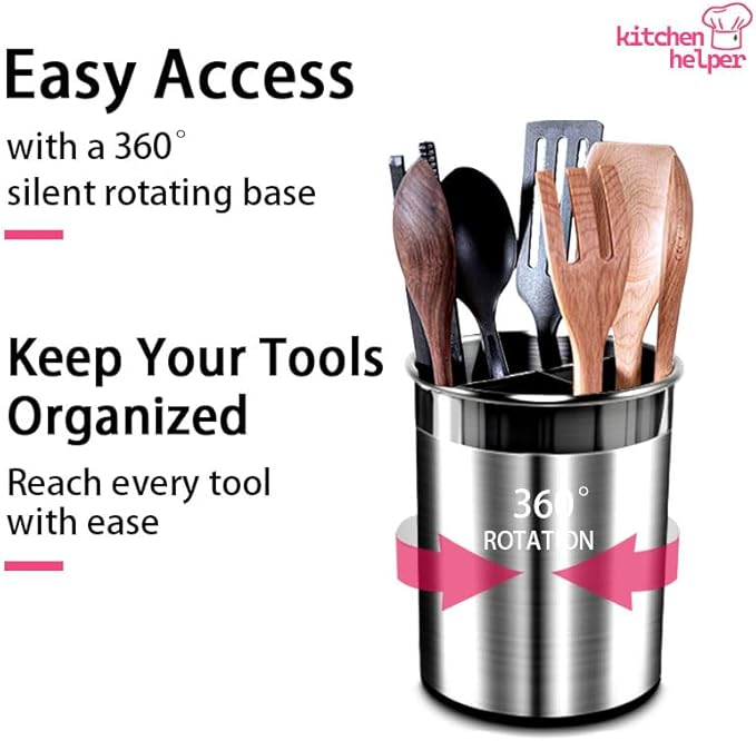 TENGINE Stainless Utensil Holder 360° Rotating 6.5X5.25 Inch Utensil Crocks for Kitchen Counter with Removable Divider White