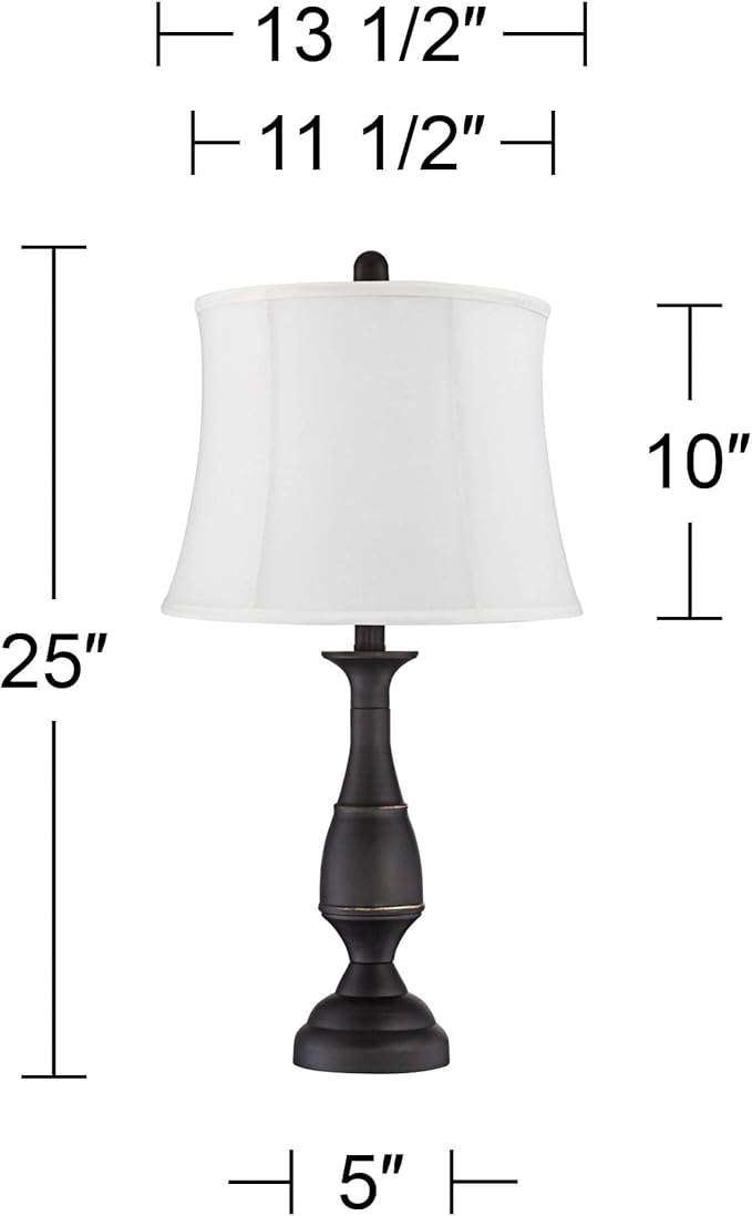 Regency Hill Ben Rustic Farmhouse Traditional Table Lamps 25" Tall Set of 2 Dark Bronze Metal Candlestick White Softback Drum Shade for Bedroom Living Room House Bedside Nightstand Office