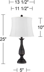 Regency Hill Ben Rustic Farmhouse Traditional Table Lamps 25" Tall Set of 2 Dark Bronze Metal Candlestick White Softback Drum Shade for Bedroom Living Room House Bedside Nightstand Office