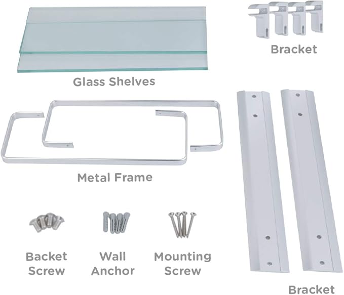 2-Tier Bathroom Glass Shelves, Wall Mounted Tempered Glass Shelf Organizer Storage Holder with 14 Inch Rectangular Glass (8mm Thick) and Aluminum Rail for Shower Lavatory, Hardware Included