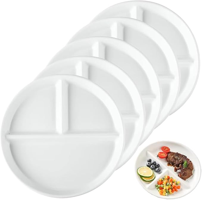 (5 Pack) Portion Control Plate for Balanced Eating, 9" Unbreakable Divided Plates,3 Compartment Plates, Reusable Plastic Plates, BPA Free for Kids Adults (White)