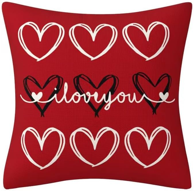 Valentines Day Decor-Throw Pillow Covers 18x18 in Set of 4,Valentine Linen Pillow Case with Red Heart Love You More for Large Couch Sofa Home Indoor Outdoor Holiday Decorations