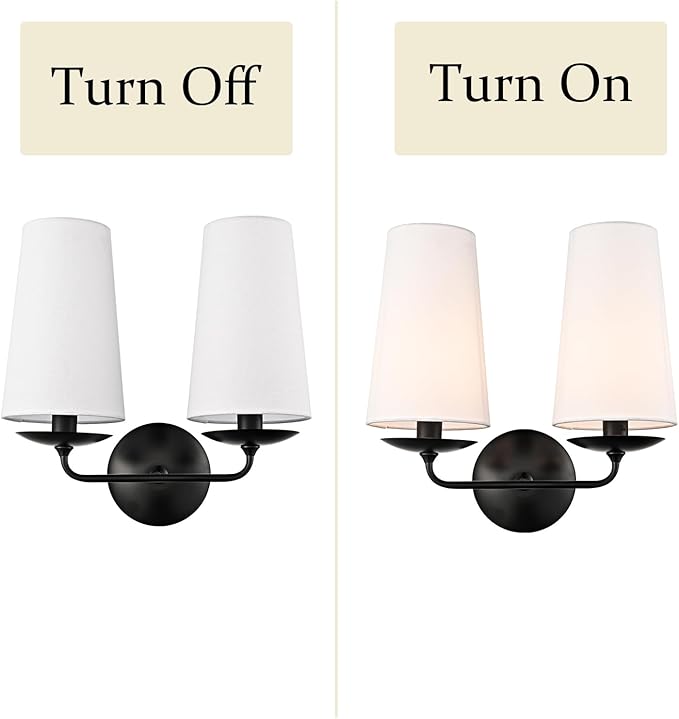 2-Light Black Wall Sconce Industrial Wall Lamp Hardwired Double Head Classic Sconce with Fabric Shade for Bedroom Hallway Powder Room
