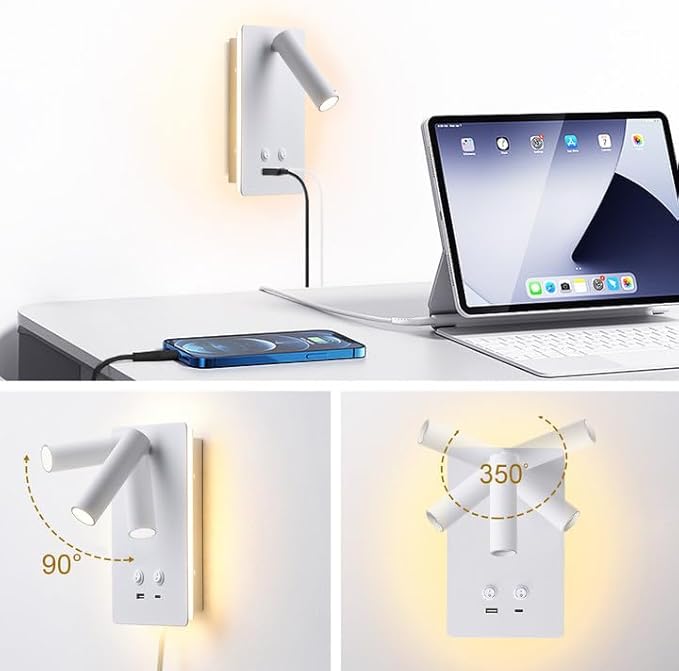 MOLUOLA LED Wall Lamp Wall Mounted Reading Lights, Adjustable Headboard Plug in Wall Sconce with USB C+A Ports, Headboard Bedside Lamp with 9W+3W Night Light 3000K (White)