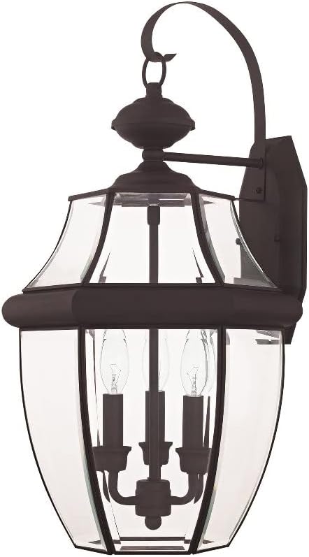 Livex Lighting 2351-07 Monterey 3 Light Outdoor Bronze Finish Solid Brass Wall Lantern with Clear Beveled Glass