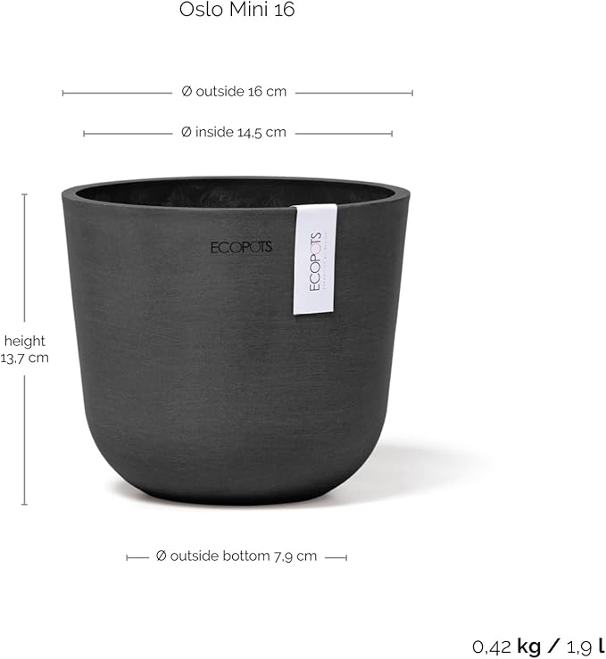 Ecopots Oslo Mini Durable Modern Round Indoor/Outdoor Recycled-Based Composite Flower Pot Planter, Dark Grey, 6"