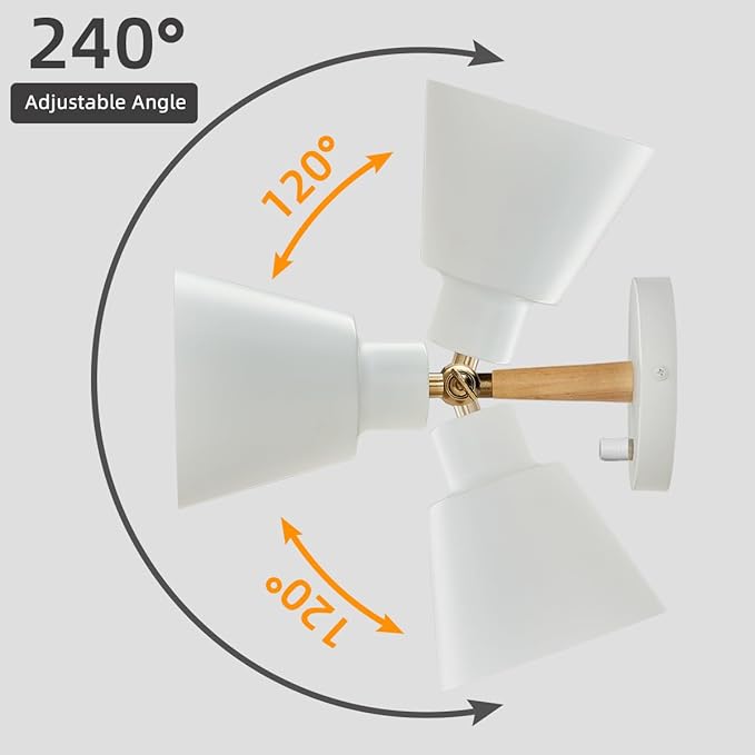 ClanKin White Wall Sconces Lighting Fixture Set of 2, Angle Adjustable Wall Mounted Bedside Lamp with On-Off Switch for Industrial Bedroom Bathroom Hallway Living Room (2Pack-White)