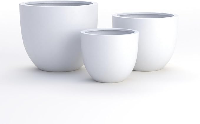 DTY Signature Mount Belford Lightweight and Durable Modern Fiberstone Egg Shaped Planter for Indoor Outdoor Drainage Hole & Rubber Plug Weather Resistant, 15" H x 18" Dia, 5.5" Opening - Large, White