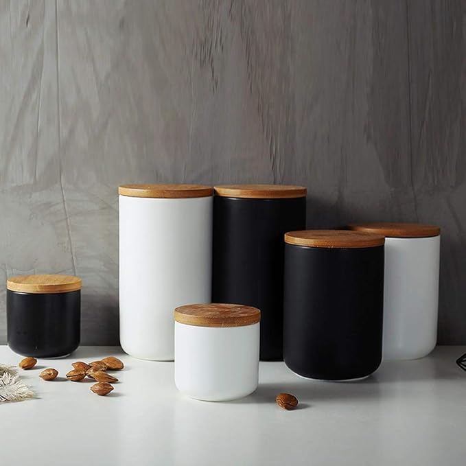 Ceramic Food Storage Jar Canister Modern Design Food Canisters with Airtight Seal Bamboo Lid, Loose Tea Coffee Spice Nuts Snacks Storage Jar Canister (White 8.79oz/260ml)