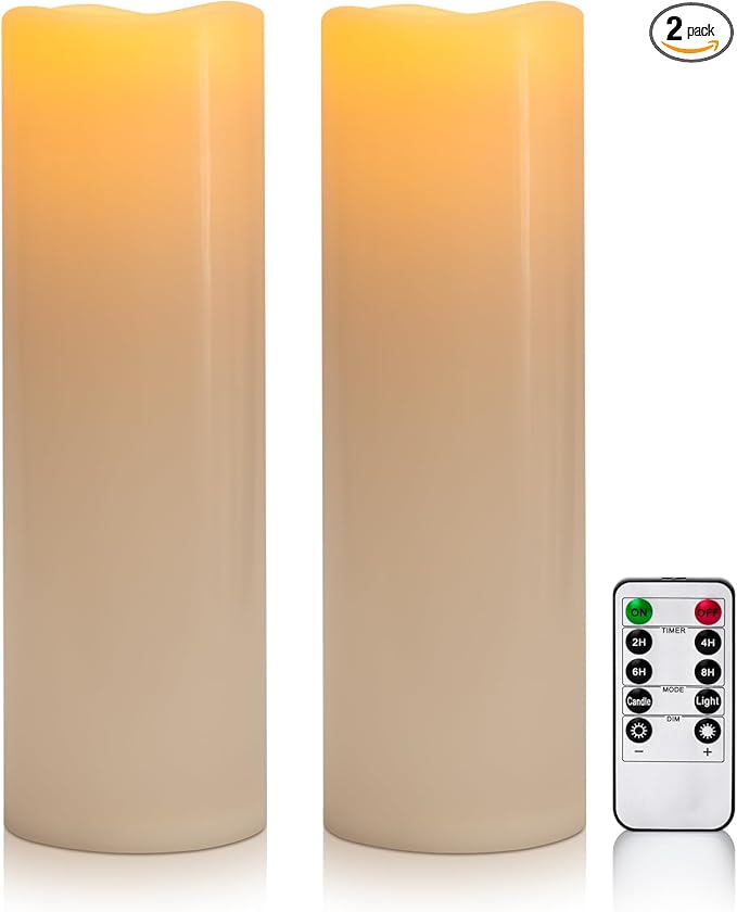 4" x 14" Large Waterproof Outdoor Flameless Candles Battery Operated LED Flickering Pillar Candles with Remote and Timer for Indoor Outdoor Lanterns, Off White, Long Lasting, Set of 2