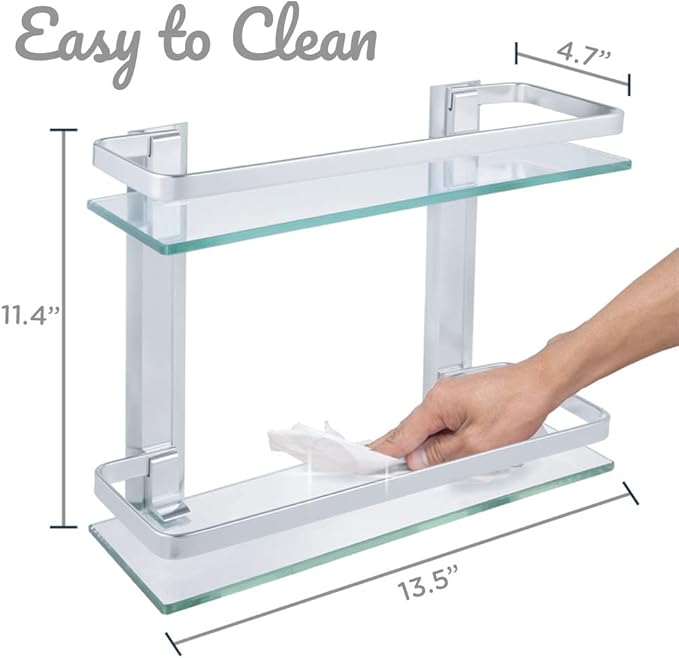 2-Tier Bathroom Glass Shelves, Wall Mounted Tempered Glass Shelf Organizer Storage Holder with 14 Inch Rectangular Glass (8mm Thick) and Aluminum Rail for Shower Lavatory, Hardware Included