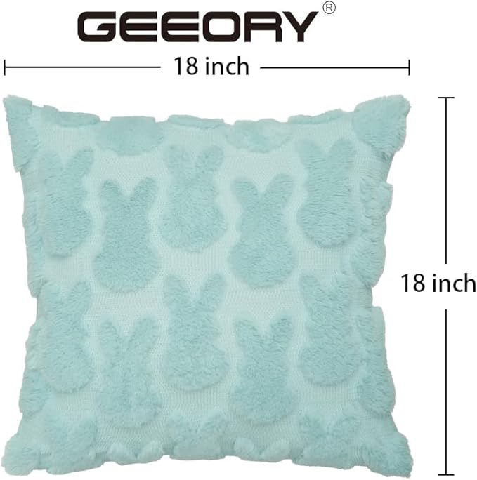 GEEORY Easter Bunny Soft Plush Pillow Covers, 18 x 18 Inch Set of 2, Fluffy Faux Fur Wool Decorative Farmhouse Cushion Case for Sofa Home Decoration Blue GC014-18