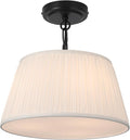 Electro bp; 12.6”Dia White Pleated Drum Shade Close to Ceiling Light Fixture Modern Classic Brocade Fabric Cone Shape Semi-Flush Mount,Matte Black Painted,2 Sockets,E26,120W;