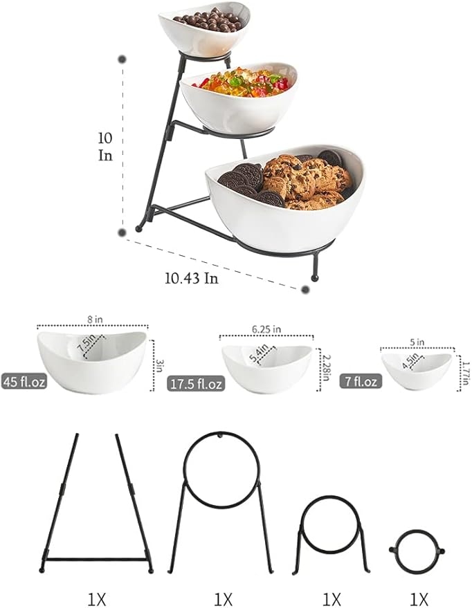 LYEOBOH 3 Tier Serving Bowls Set with Collapsible Thicker Metal Stand, Oval Serving Dishes for Entertaining Tiered Serving Stand for Fruit, Dessert, Candy, Chip and Dip (Black)