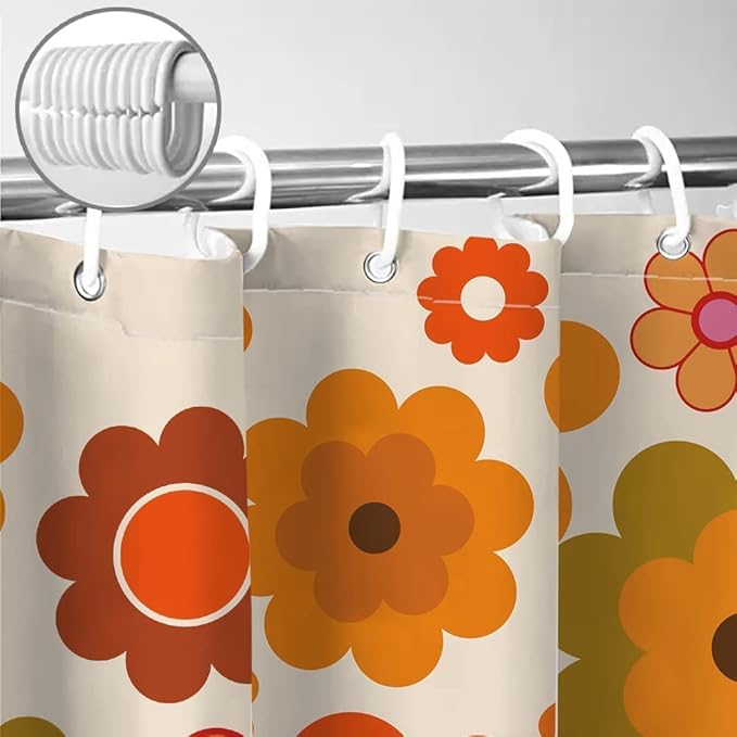 Retro Flowers Shower Curtain, Groovy Brown Orange Sun Flower Vintage 70s Fabric Shower Curtains Set for Bathroom Funky Hippie 1970 Boho Yellow Floral Decoration with Hooks 72 X 83 inch Bath Decor
