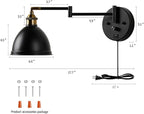 Swing Arm Wall Sconces, Plug-in Wall lamp,Bedroom Wall lamp ， White Fabric Shade，，with dimmable Switch and USB Charging Port, Suitable for Bedside, Living Room, Reading (Metallic Black)