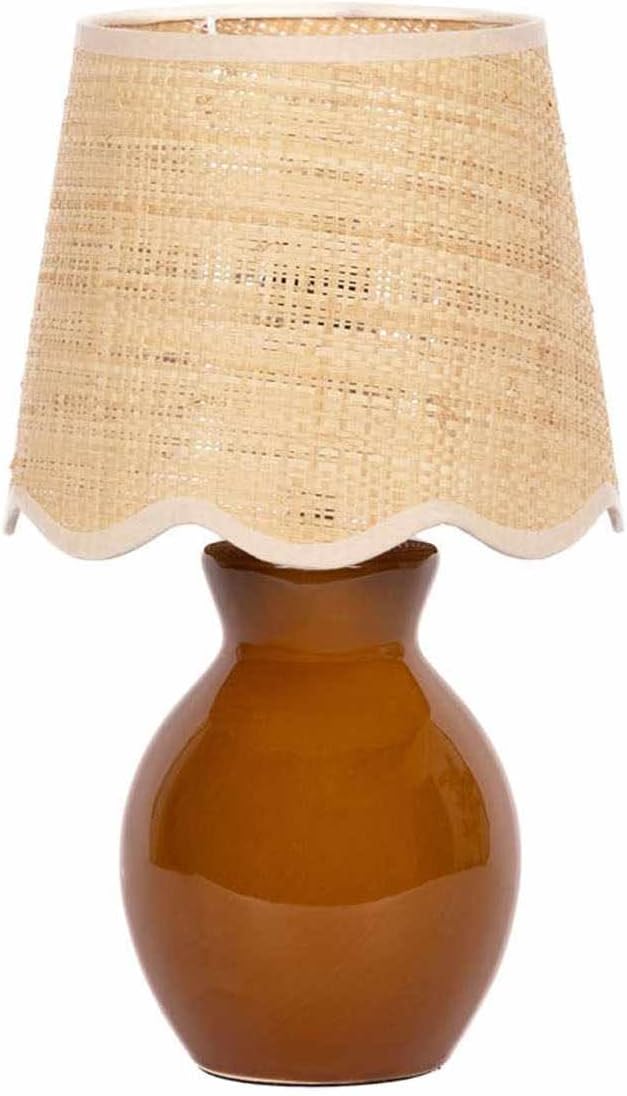 BoutiqueRugs Liliac Boho Ceramic and Jute Bedside Table Lamp for Bedroom Nightstand - End Side Lighting for Living Room - Shade Rattan - Rust, Brown, Beige - 15" H