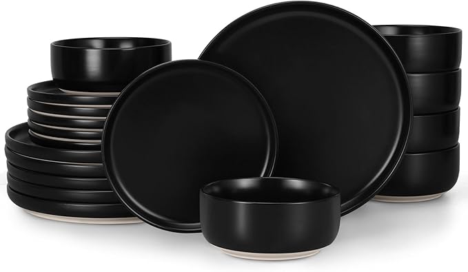 LIANYU 18PCS Dinnerware Plates and Bowls Sets, Ceramic Dishes Set for 6, Stoneware Dinner Dessert Salad Plates Cereal Bowls, Scratch Resistant Dishware, Microwavable & Dishwasher Safe, Matte Black