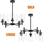 VINLUZ 5 Light Contemporary Chandeliers Black Modern Lighting Fixtures Hanging,Industrial Vintage Pendant Lights with Clear Glass Shade Flush Mount Ceiling Light for Dining Room Bedroom