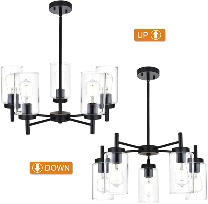 VINLUZ 5 Light Contemporary Chandeliers Black Modern Lighting Fixtures Hanging,Industrial Vintage Pendant Lights with Clear Glass Shade Flush Mount Ceiling Light for Dining Room Bedroom