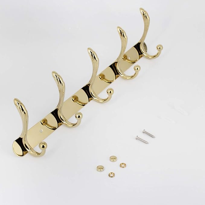 Coat Rack Wall Mounted - 5 Tri Hooks, Heavy Duty, Metal Coat Hook Rail for Coat Hat Towel Purse Robes Mudroom Bathroom Entryway, Gold