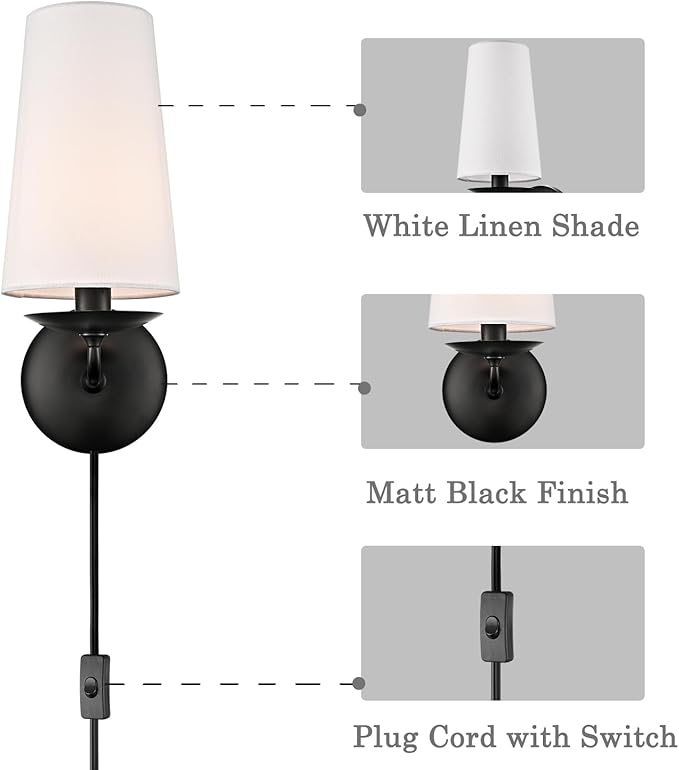 Modern Black Wall Sconce with Fabric Shade Hardwire or Plug-in Wall Lighting for Bedside, Living Room, Home Hallway,House Reading Set of Two