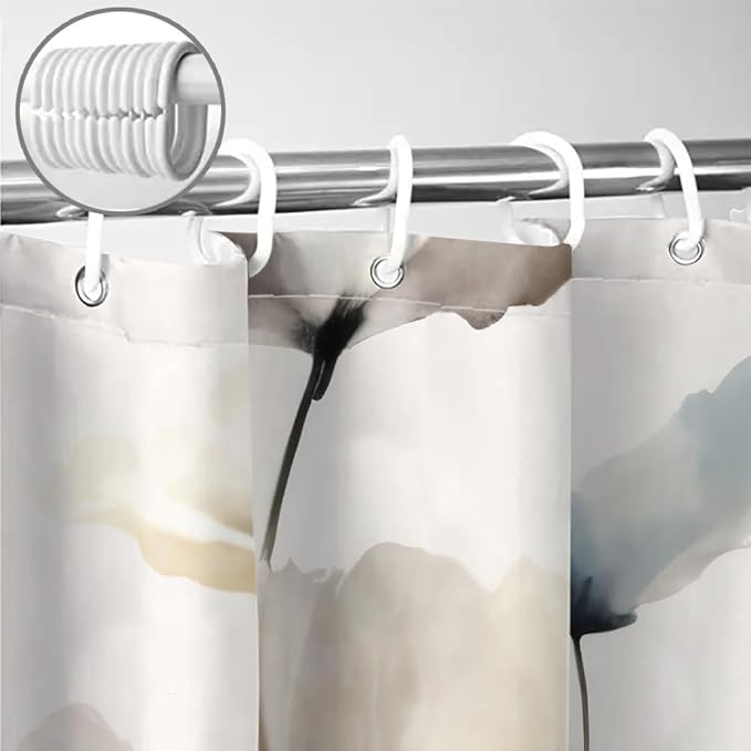 Sanzugh Boho Floral Small Camper RV Shower Curtain for Travel Trailer Bathroom, Cream Tan Beige Blue Camping Fabric Shower Curtains Set, Happy Camp Outdoor Decor Accessories with Hooks 47X64 inch