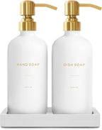 Gold Soap Dispenser Set, Glass Soap Dispenser with Stainless Steel Pump, Perfect for Modern Kitchen Counter Decor. (Gold)