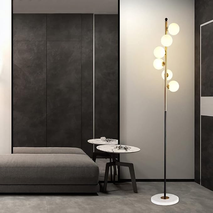 Modern Glass Globes Floor Lamp, 6 Lights Vertical Standing Lamps, Mid Century Floor Lamp, Elegant Floor Lamps with Stable Base for Living Room Bedroom Office