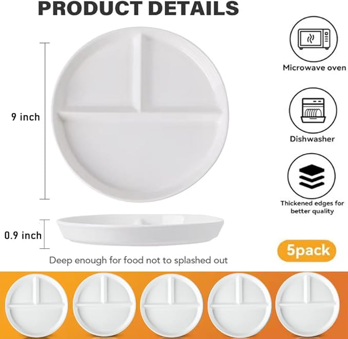 (5 Pack) Portion Control Plate for Balanced Eating, 9" Unbreakable Divided Plates,3 Compartment Plates, Reusable Plastic Plates, BPA Free for Kids Adults (White)