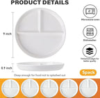 (5 Pack) Portion Control Plate for Balanced Eating, 9" Unbreakable Divided Plates,3 Compartment Plates, Reusable Plastic Plates, BPA Free for Kids Adults (White)