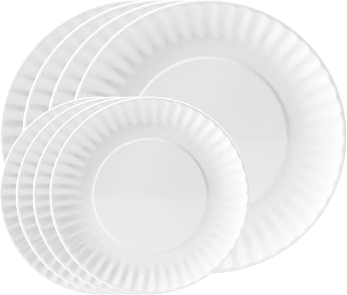 TP Melamine Dinner Plates Set of 8, 8" Salad Dessert Plates and 10.5" Dinner Plates, Dinnerware Set for 4, Indoors and Outdoors, White