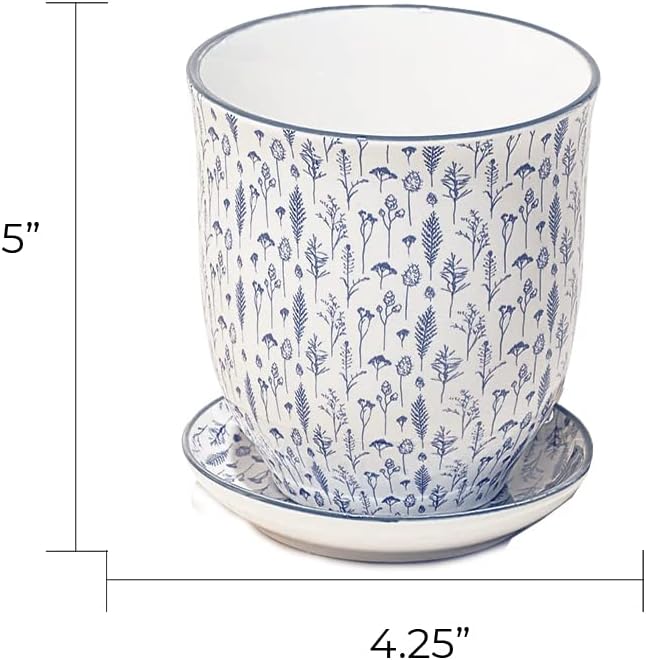 CHIVE ‘Liberte’ Ceramic Succulent Pots — 4.25” Cute Vintage Farmhouse Style Planters for Indoor Plants — Beautiful Home & Kitchen Decor — Blue Feathers