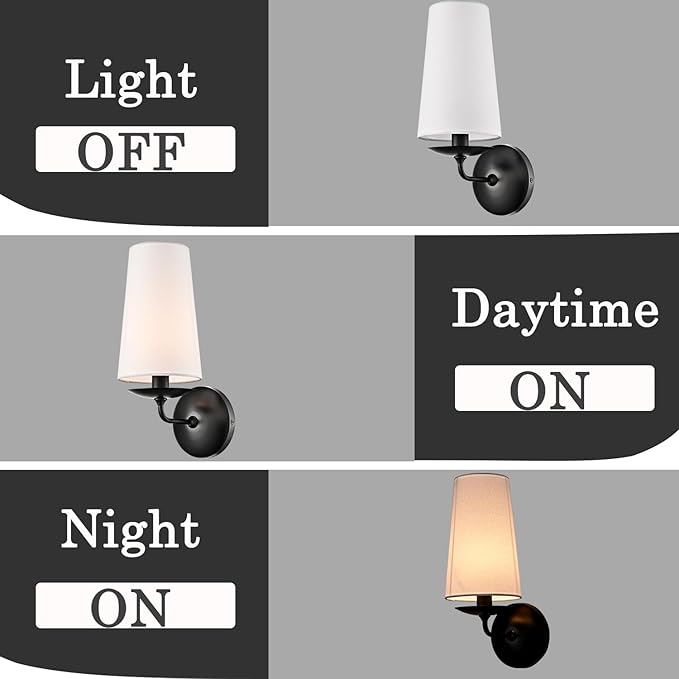 Modern Black Wall Sconce with Fabric Shade Hardwire or Plug-in Wall Lighting for Bedside, Living Room, Home Hallway,House Reading Set of Two