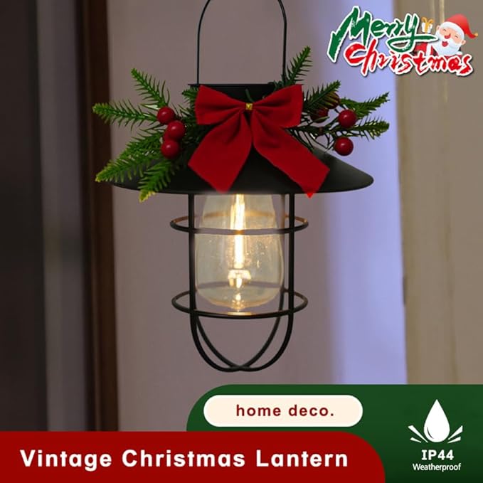 2 Pack ‌Christmas Solar Lanterns Outdoor Waterproof Ideal as Gifts for Women, Mothers and Wife. Vintage-Style Hanging Solar Lights Suitable for Outdoor Use in Yards, Patios, Backyards and Porches.