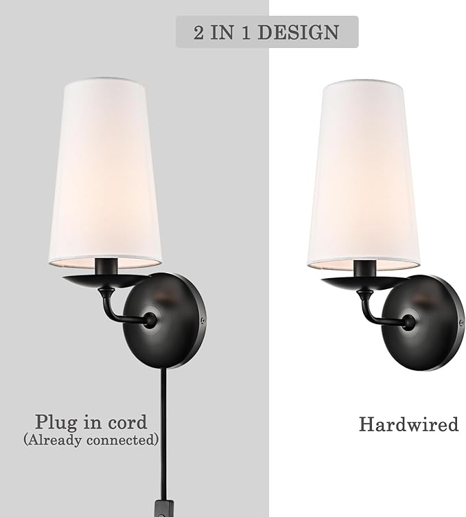 Modern Black Wall Sconce with Fabric Shade Hardwire or Plug-in Wall Lighting for Bedside, Living Room, Home Hallway,House Reading Set of Two