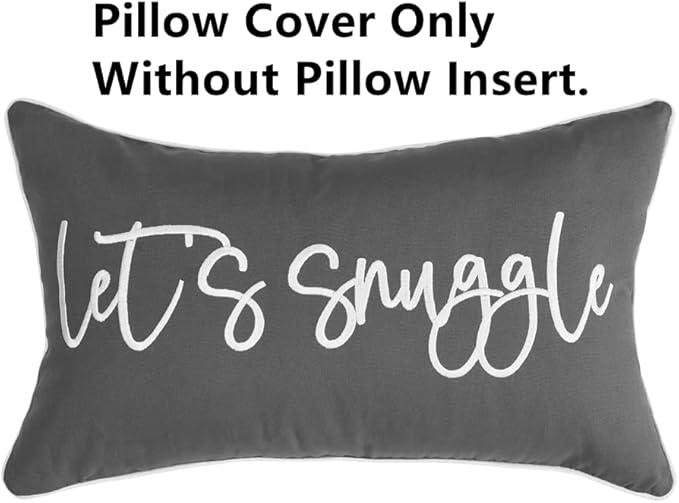 Sunkifover Let's Snuggle Decorative Lumbar Pillow Cover - 12x20 Inch Dark Grey Cotton Embroidery Throw Pillowcase for Bed, Bedroom, Living Room, Home Decor