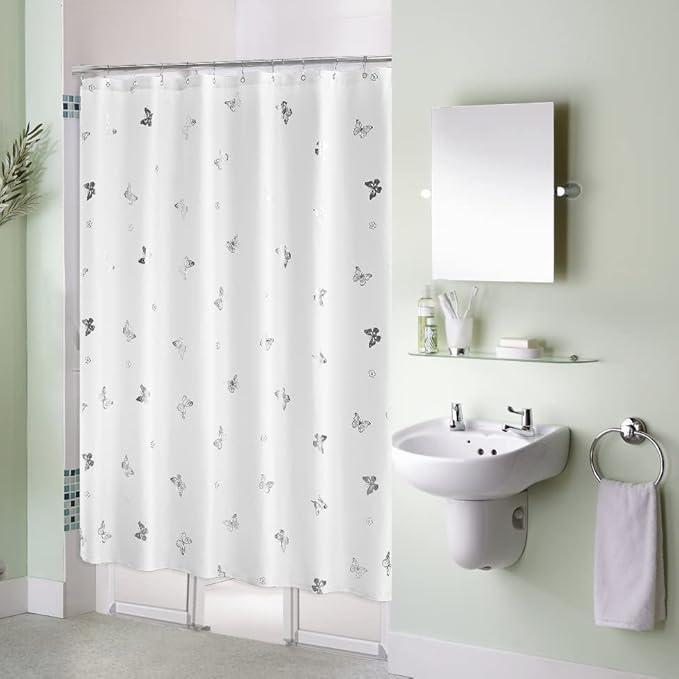 Jubilantex Butterfly Shower Curtain for Bathroom, White Silver Print Farmhouse Waterproof Bathroom Decorative Rustic Kids Shower Curtain with 12 Rust Proof Grommets for Spa Hotel, 70x76 Inches