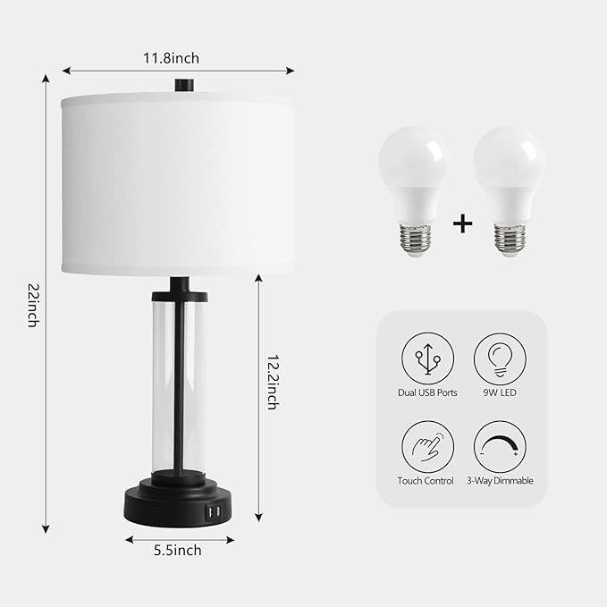 QiMH Touch Control Table Lamps Set of 2 with USB Ports, 3-Way Dimmable Bedside Lamp for Living Room Bedroom House, Modern Nightstand Lamp with 2 LED Bulbs(Black)