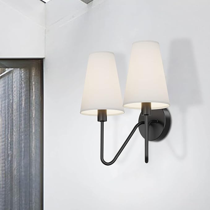 Electro bp;Double Head Classic 2 Lights Wall Sconces Lighting Fixture Black with Cream White Linen Fabric Lamp Shades E12 80W Hardwired;