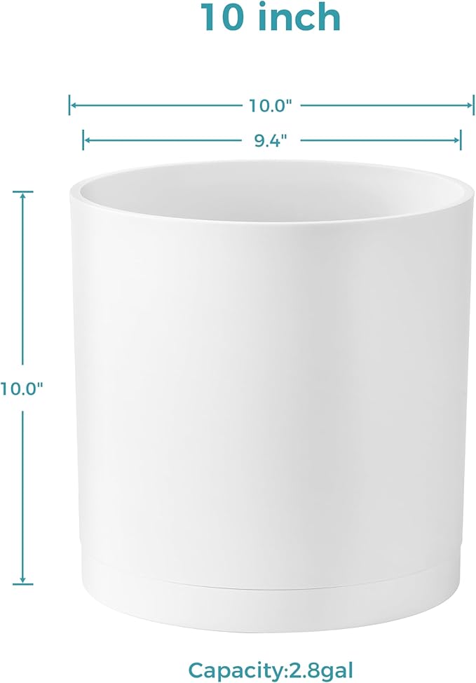 FaithLand 10-Inch Modern Cylinder Planter, Thick-Walled Plastic Plant Pot with Drainage Holes and Detachable Saucer, Matte White, Ideal for Indoor & Outdoor Plants Flowers