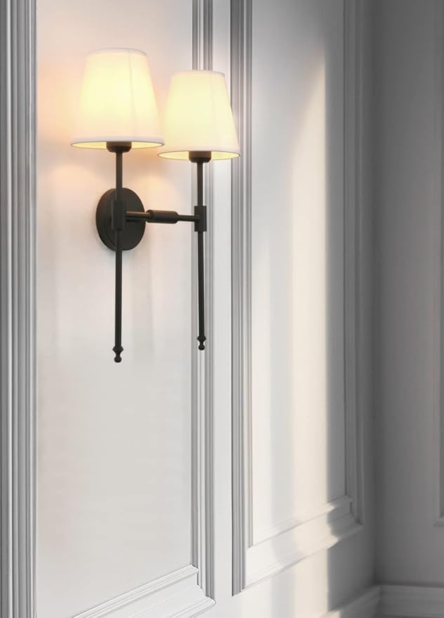 PERMO Classic Rustic Double Sconce 2-Lights Wall Sconce Lighting Fixture with Flared White Textile Lamp Shade and and Black Finished Long Arm,Wall Sconce Light Fixture for Bathroom Bedroom Bedside
