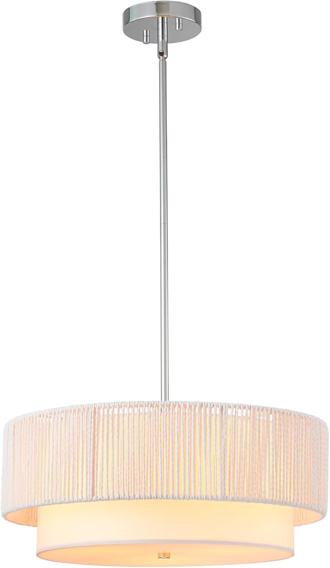 Rattan Farmhouse Chandeliers for Dining Room，Rattan Pendant Light Fixture Boho Light Fixtures with Fabric Shade Chandeliers for Bedroom Dining Room Foyer Kitchen Hallway Farmhouse（White）